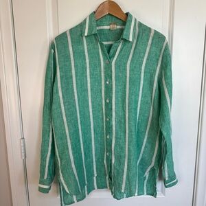 Magaschoni Green and White Striped Linen Button Down Shirt